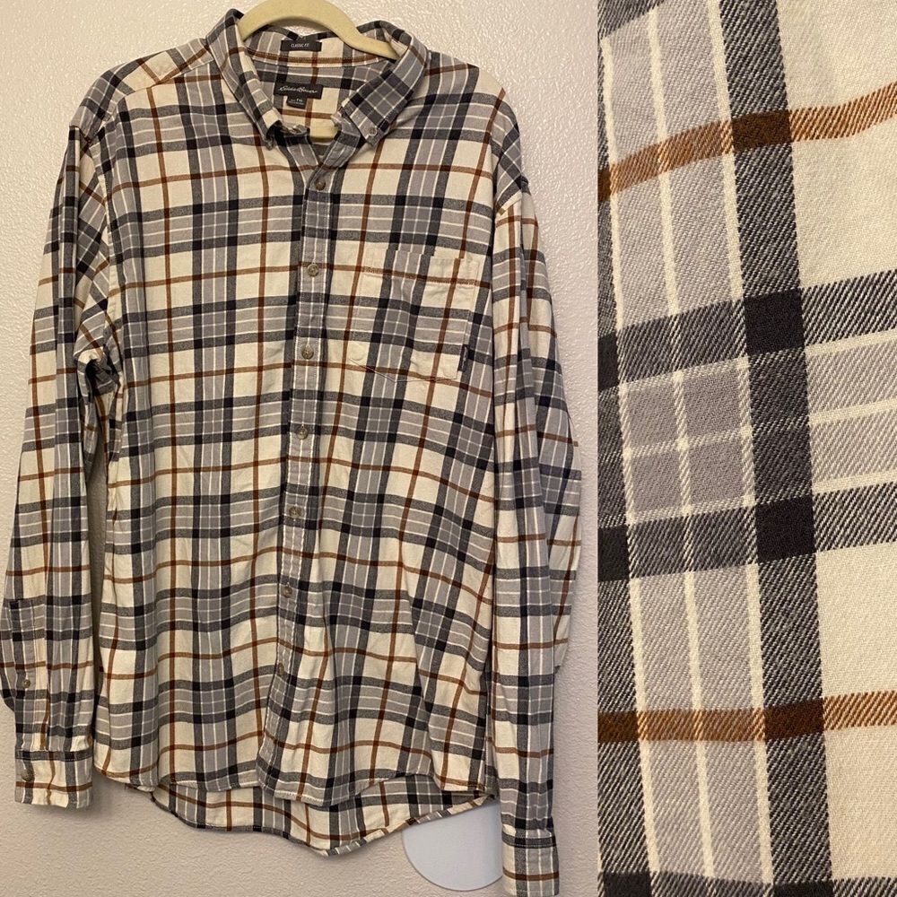 Eddie Bauer Cotton flannel Black gray plaid Long Sleeve button down shirt XLT